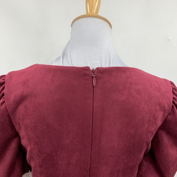 Guess Dress Womens 2 Wine Velvet Wide Puff Pouf Sleeve V Neck Back Zip Sheath - Picture 6 of 16
